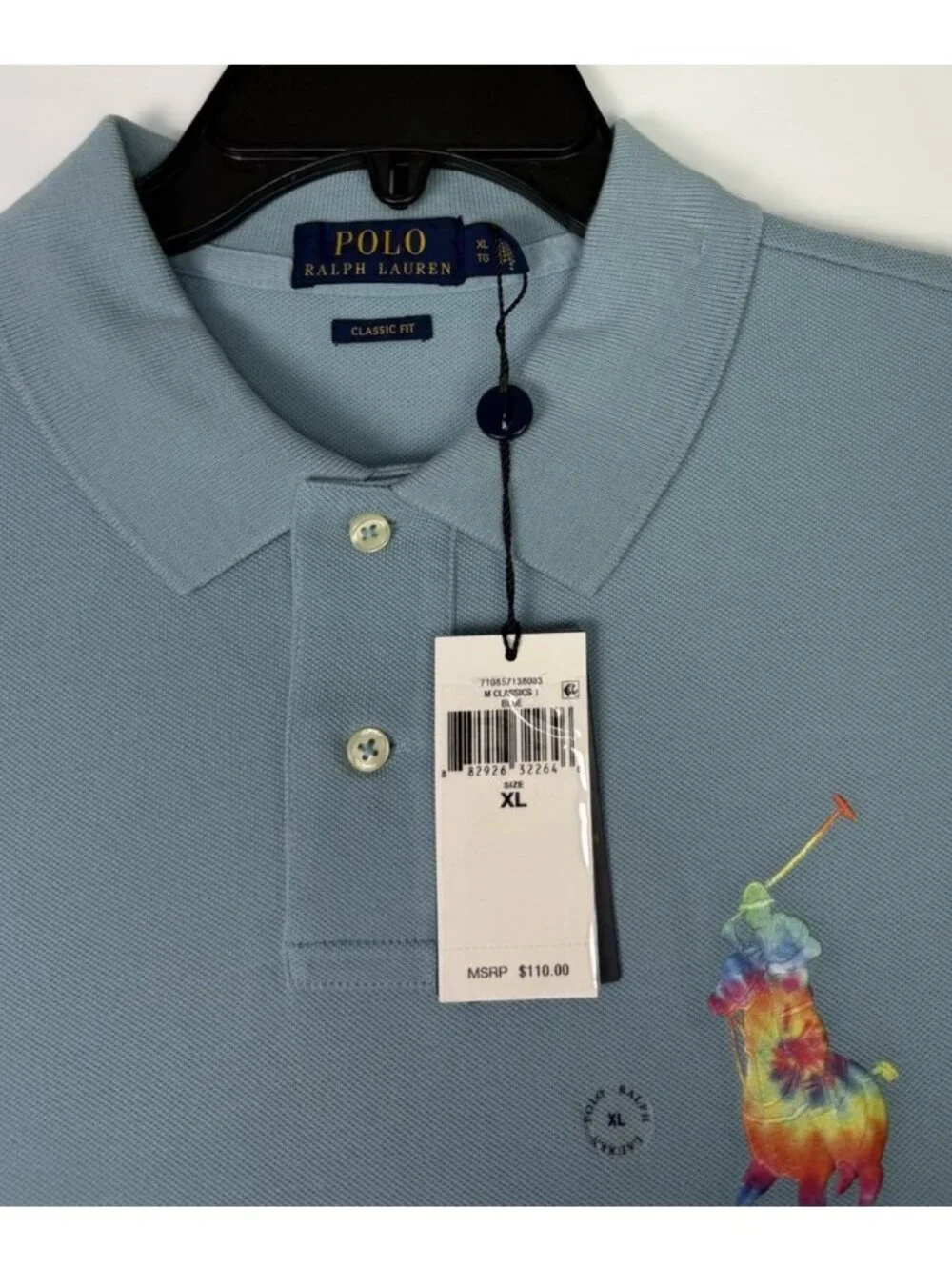 Polo Ralph Lauren Shirt Mens XL Classic Fit Light Blue Big Pony Rainbow Tie Dye